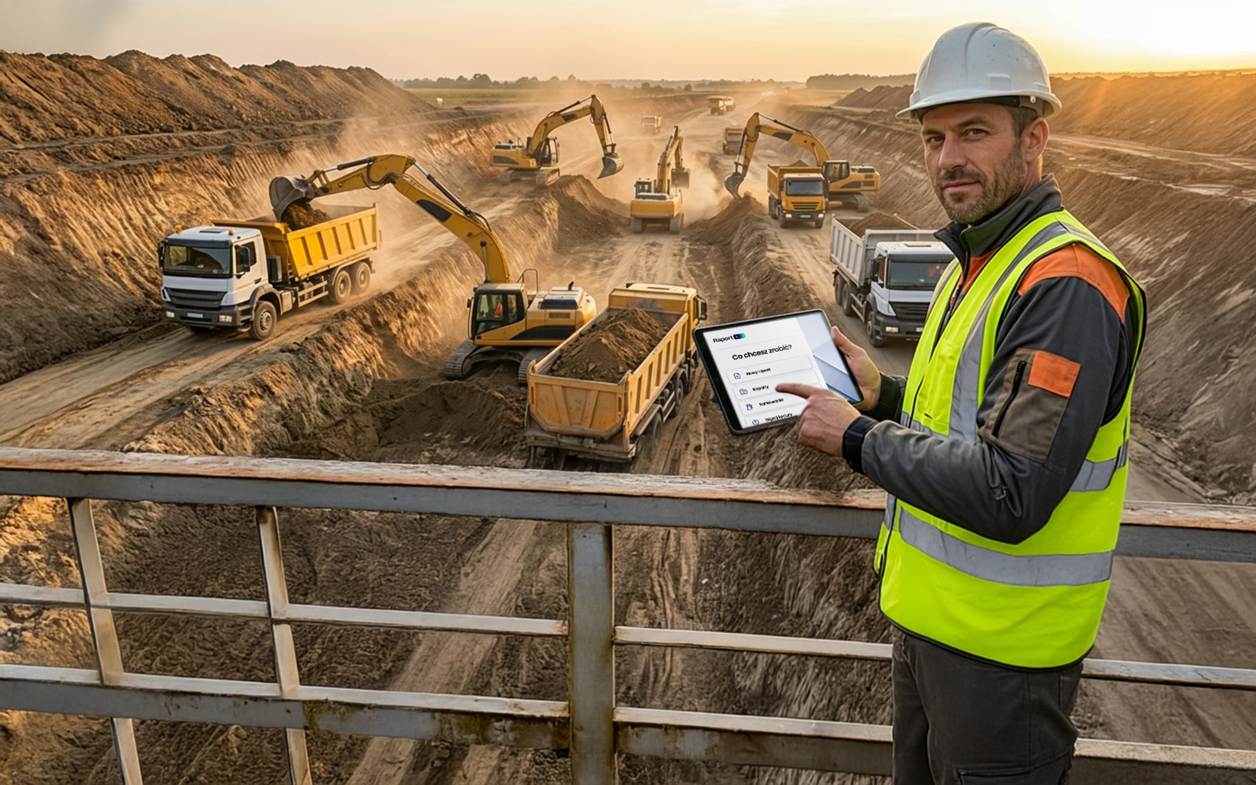 człowiek z tabletem na rampie w oddali koparki i wywrotki